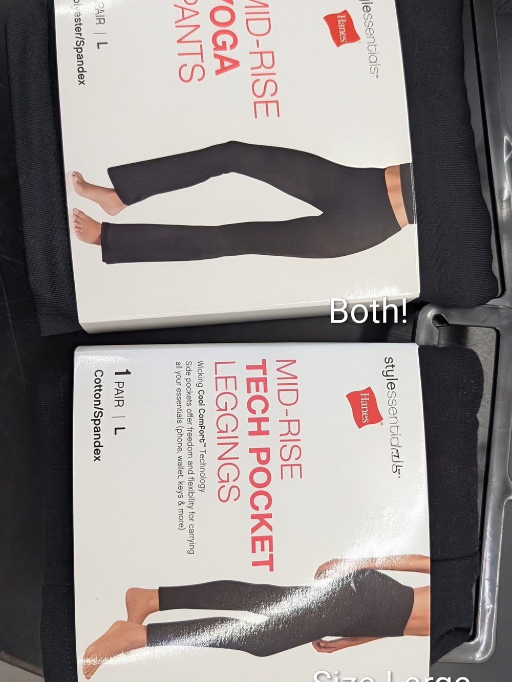 Hanes Black Mid-Rise Yoga Pants AND Tech Pocket Leggings Large NEW